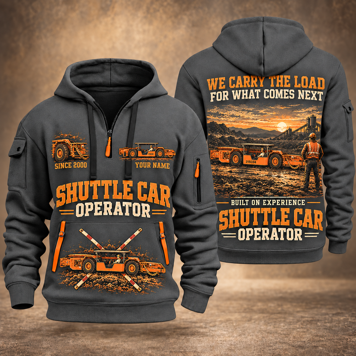 21SC04 Low-Seam Shuttle Car Operator quarter zip hoodie in Gray, front and back views, sample YOUR NAME and SINCE 2000 artwork
