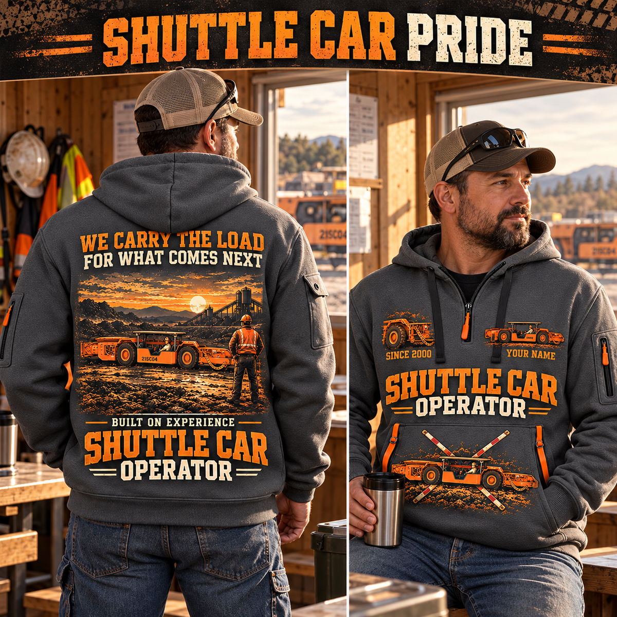21SC04 Low-Seam Shuttle Car Operator quarter zip hoodie in Gray, adult lifestyle portrait showing front and back artwork