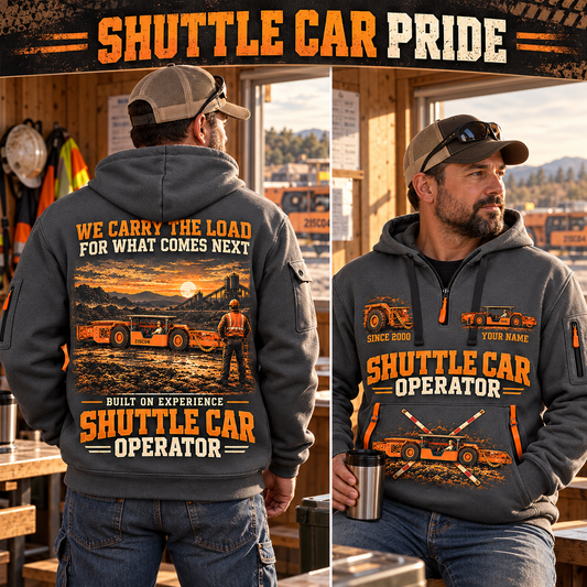 21SC04 Low-Seam Shuttle Car Operator quarter zip hoodie in Gray, adult lifestyle portrait showing front and back artwork