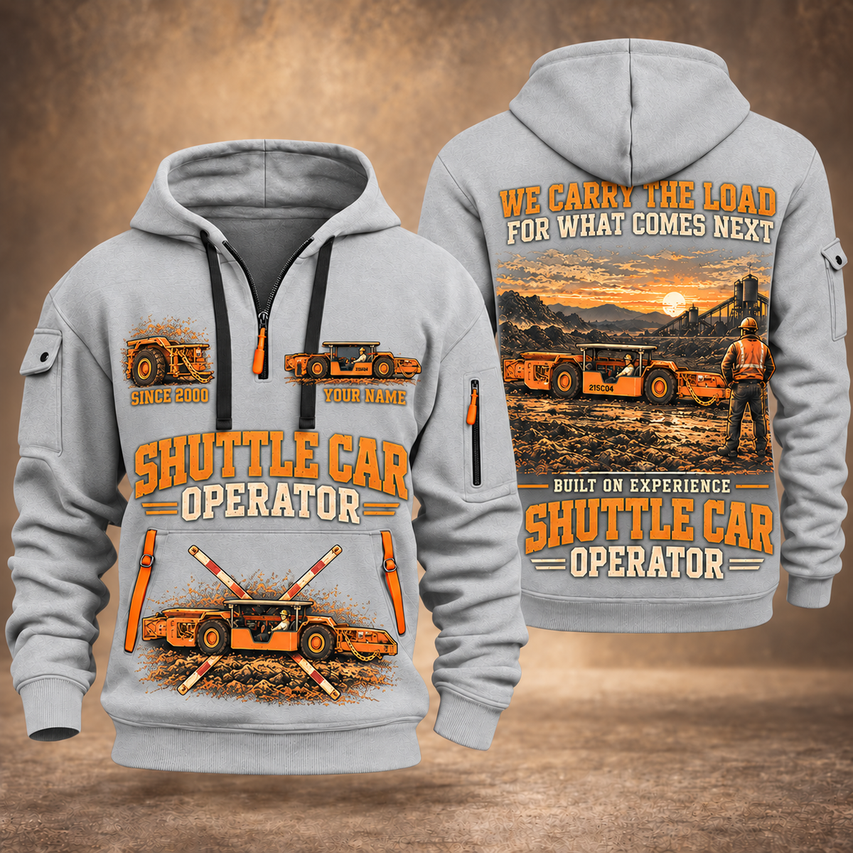 21SC04 Low-Seam Shuttle Car Operator quarter zip hoodie in Light Grey, front and back views, sample YOUR NAME and SINCE 2000 artwork