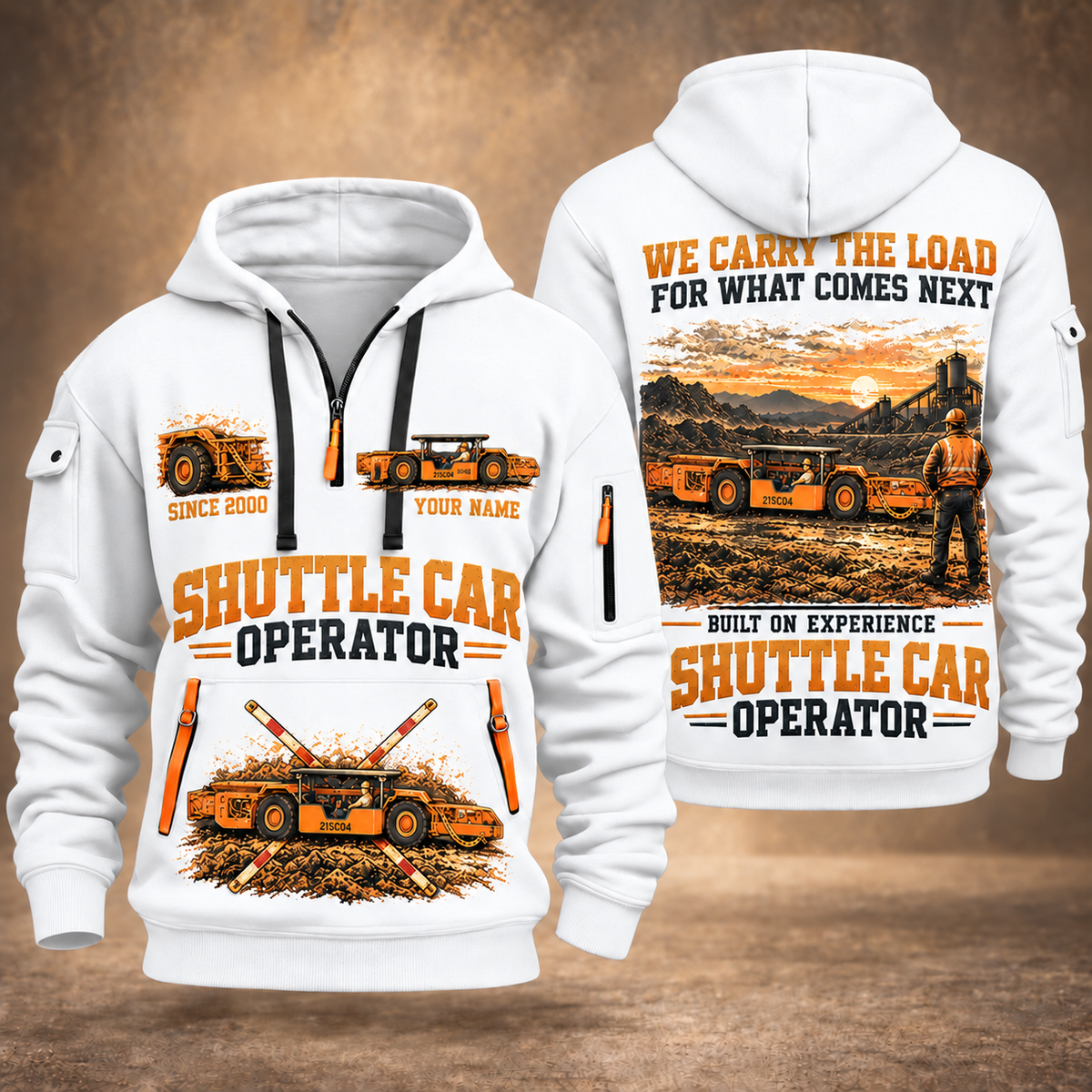 21SC04 Low-Seam Shuttle Car Operator quarter zip hoodie in White, front and back views, sample YOUR NAME and SINCE 2000 artwork