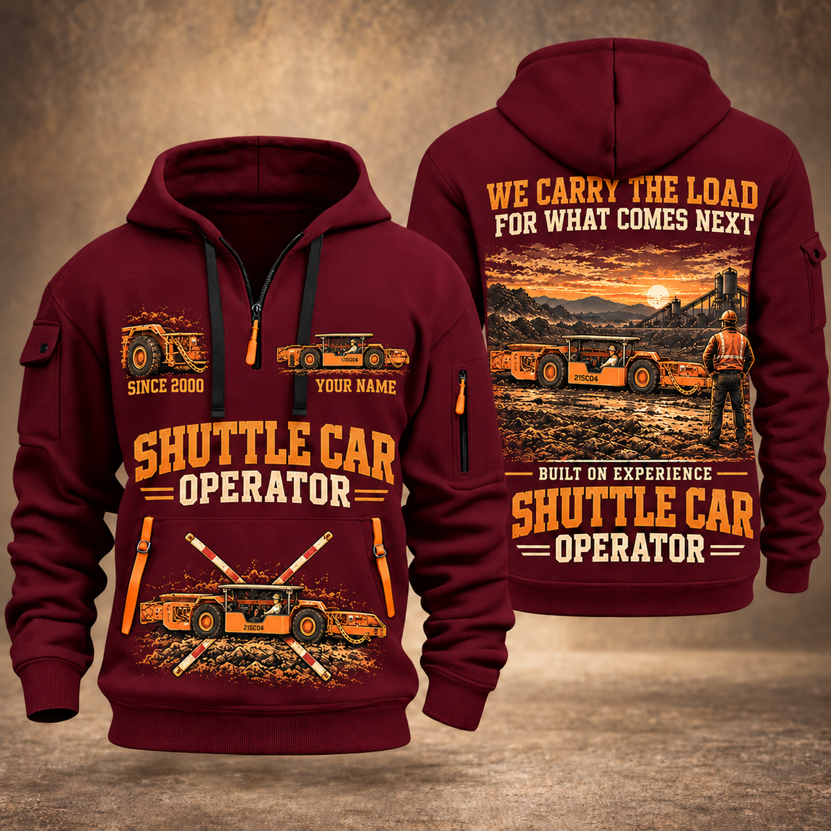 21SC04 Low-Seam Shuttle Car Operator quarter zip hoodie in Wine Red, front and back views, sample YOUR NAME and SINCE 2000 artwork