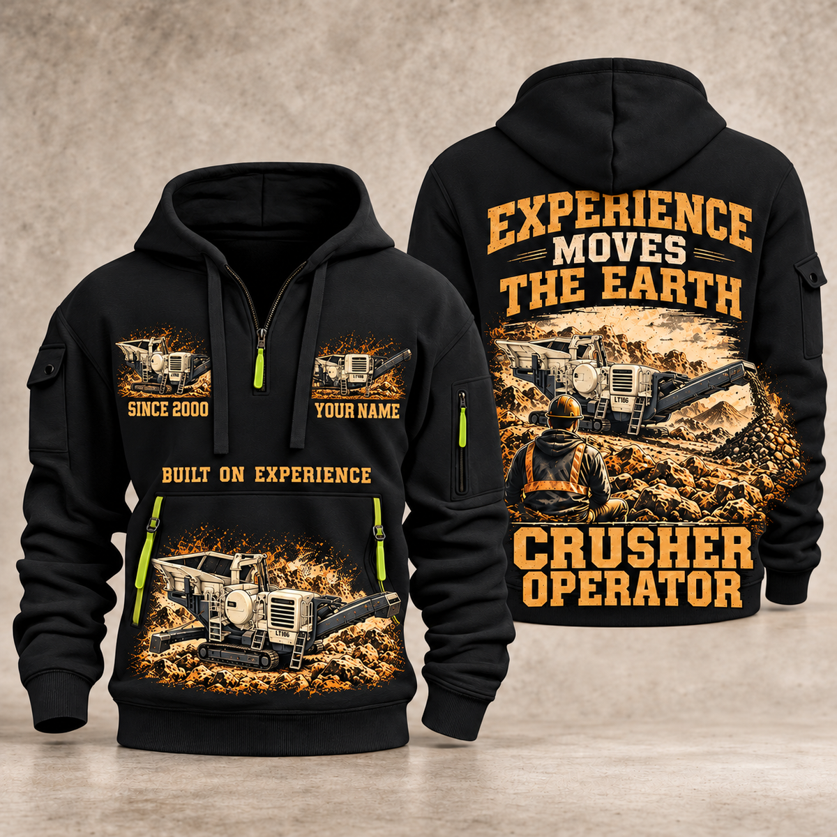 Lokotrack LT106 Jaw Crusher Operator quarter zip hoodie in Black, front and back views, sample YOUR NAME and SINCE 2000 artwork