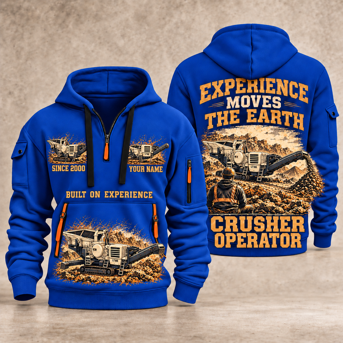 Lokotrack LT106 Jaw Crusher Operator quarter zip hoodie in Blue, front and back views, sample YOUR NAME and SINCE 2000 artwork