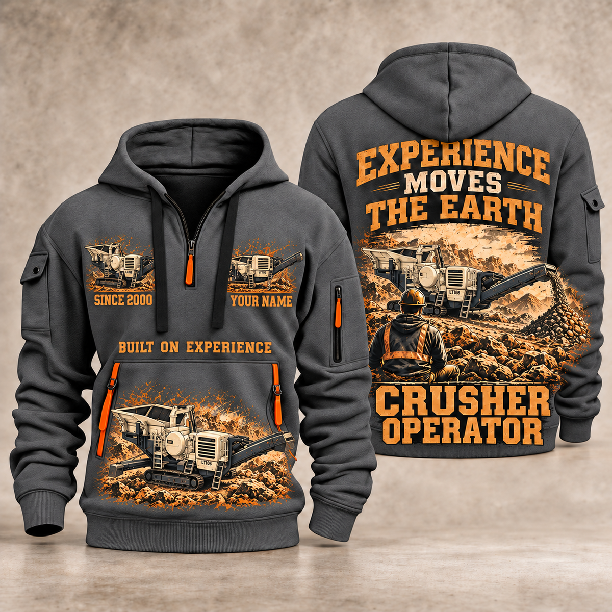 Lokotrack LT106 Jaw Crusher Operator quarter zip hoodie in Gray, front and back views, sample YOUR NAME and SINCE 2000 artwork