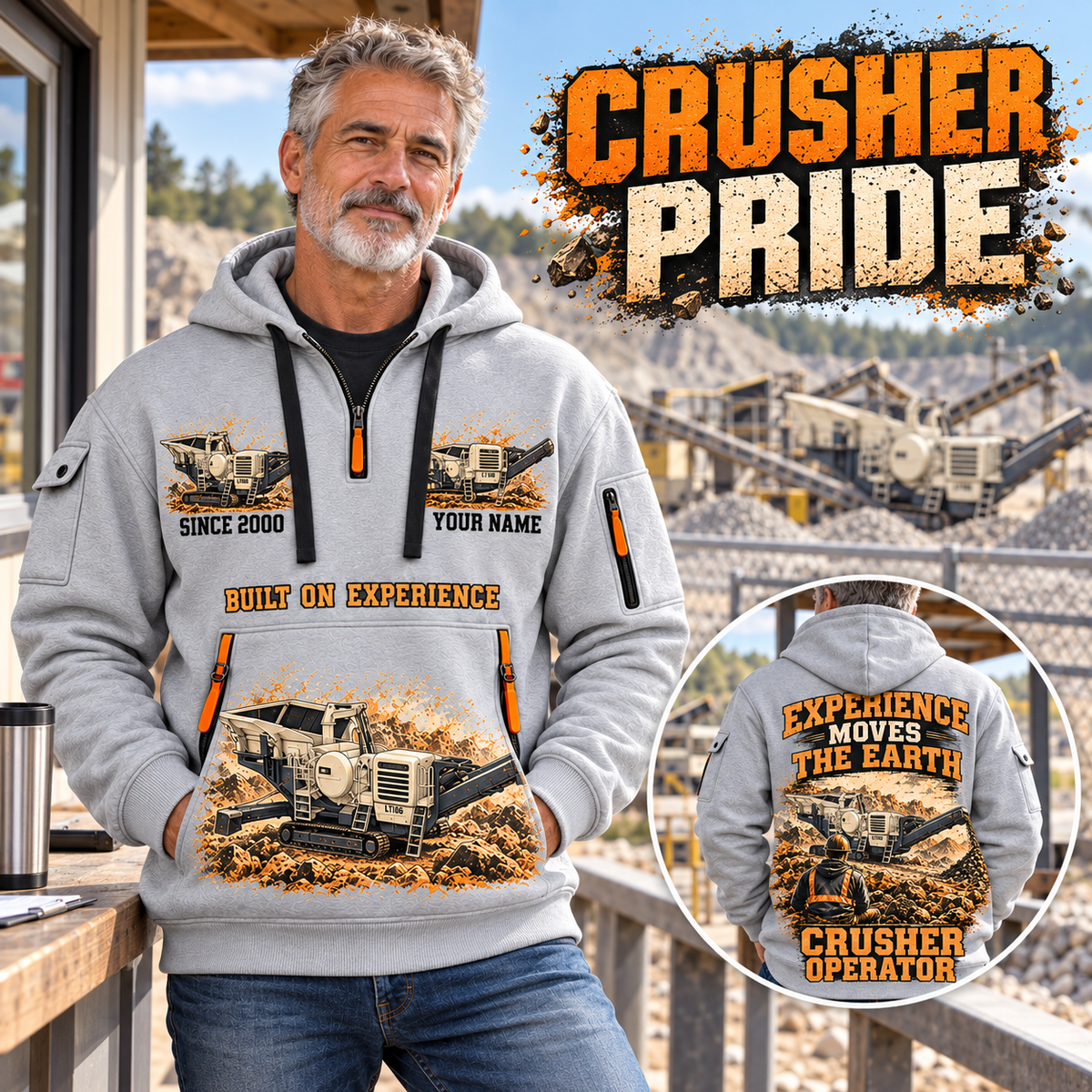 Lokotrack LT106 Jaw Crusher Operator quarter zip hoodie in Light Grey, adult lifestyle portrait showing front and back artwork