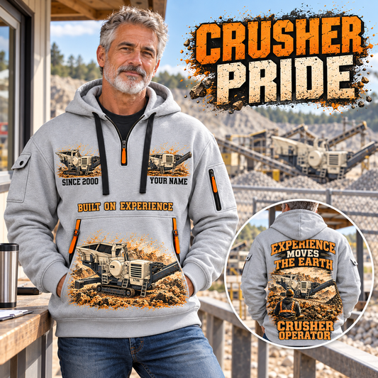 Lokotrack LT106 Jaw Crusher Operator quarter zip hoodie in Light Grey, adult lifestyle portrait showing front and back artwork