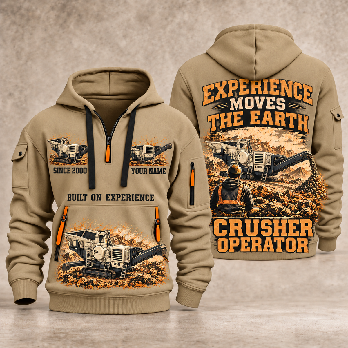 Lokotrack LT106 Jaw Crusher Operator quarter zip hoodie in Khaki, front and back views, sample YOUR NAME and SINCE 2000 artwork