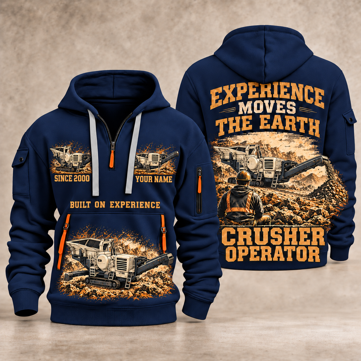Lokotrack LT106 Jaw Crusher Operator quarter zip hoodie in Navy, front and back views, sample YOUR NAME and SINCE 2000 artwork