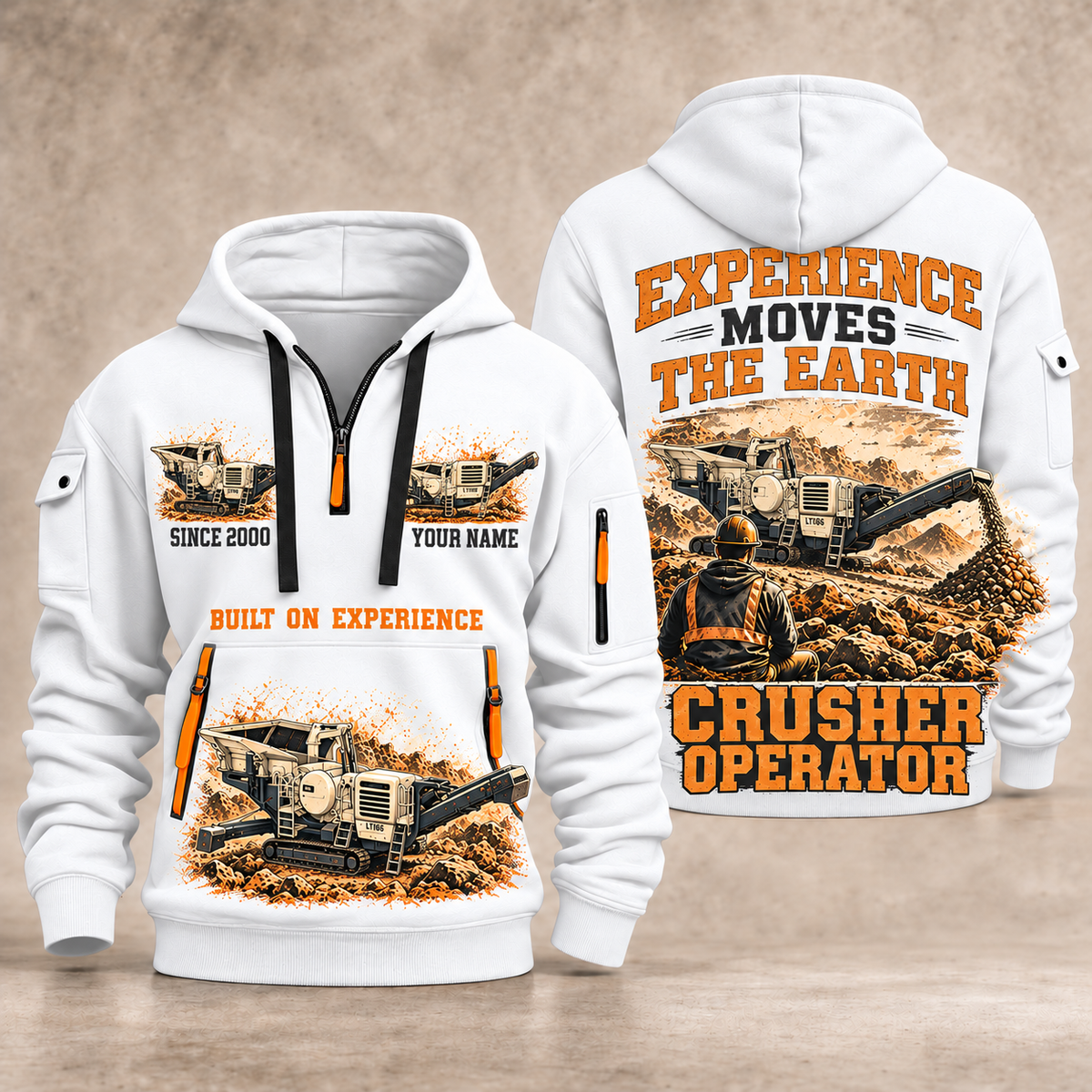 Lokotrack LT106 Jaw Crusher Operator quarter zip hoodie in White, front and back views, sample YOUR NAME and SINCE 2000 artwork