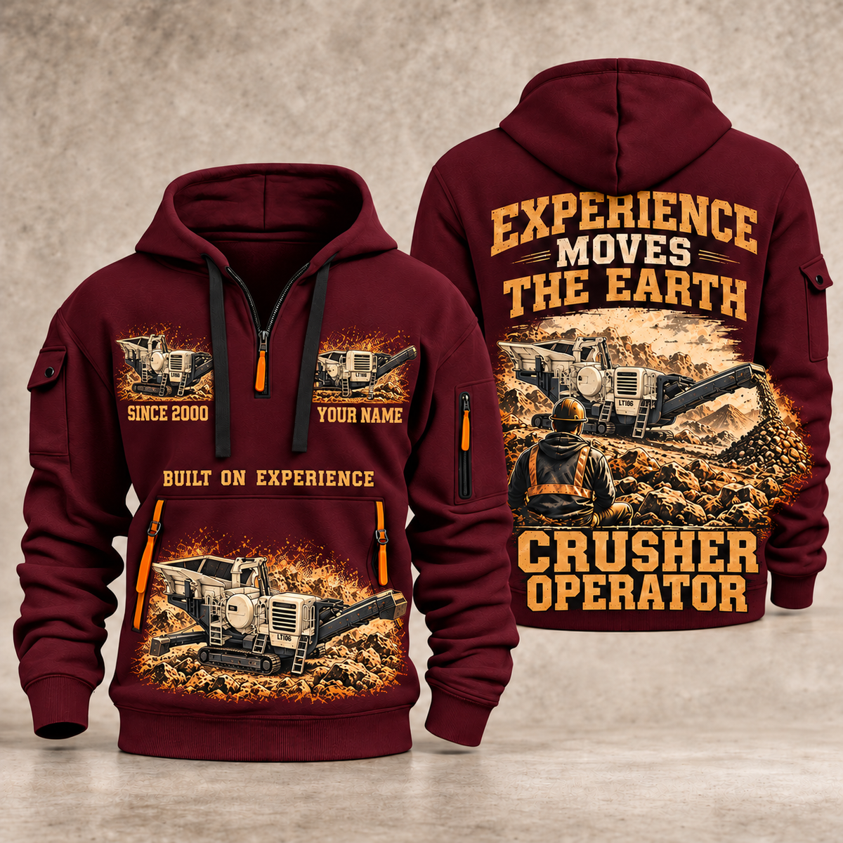 Lokotrack LT106 Jaw Crusher Operator quarter zip hoodie in Wine Red, front and back views, sample YOUR NAME and SINCE 2000 artwork