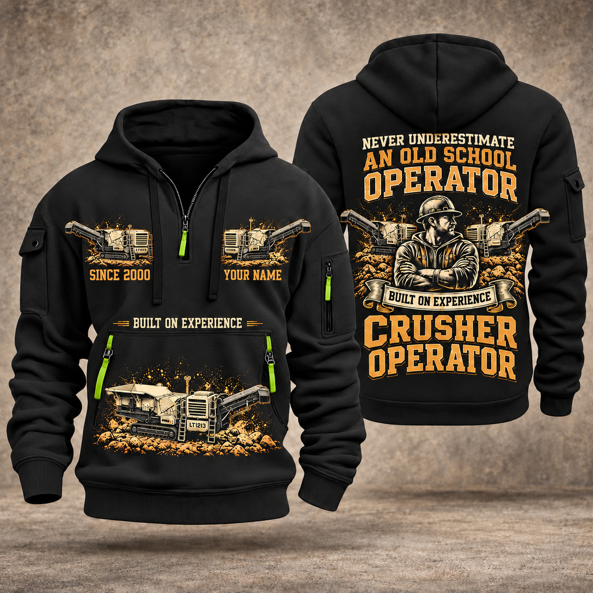 Lokotrack LT1213 Impact Crusher Operator quarter zip hoodie in Black, front and back views, sample YOUR NAME and SINCE 2000 artwork