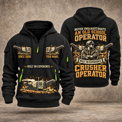 Lokotrack LT1213 Impact Crusher Operator quarter zip hoodie in Black, front and back views, sample YOUR NAME and SINCE 2000 artwork