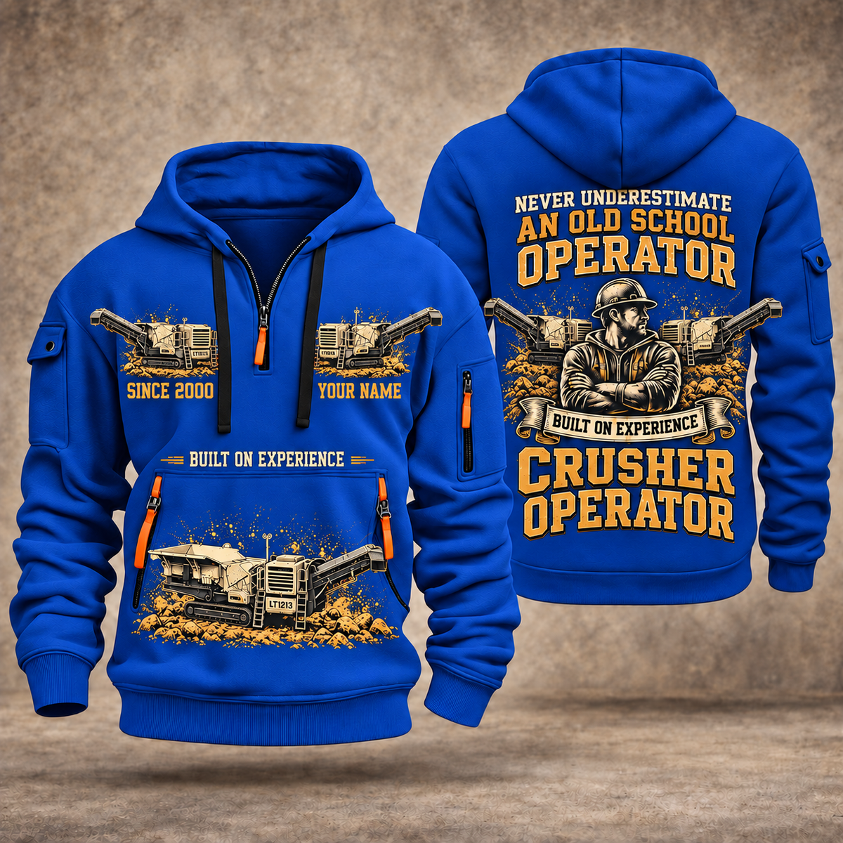 Lokotrack LT1213 Impact Crusher Operator quarter zip hoodie in Blue, front and back views, sample YOUR NAME and SINCE 2000 artwork