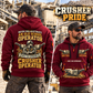 Lokotrack LT1213 Impact Crusher Operator quarter zip hoodie in Wine Red, adult lifestyle portrait showing front and back artwork