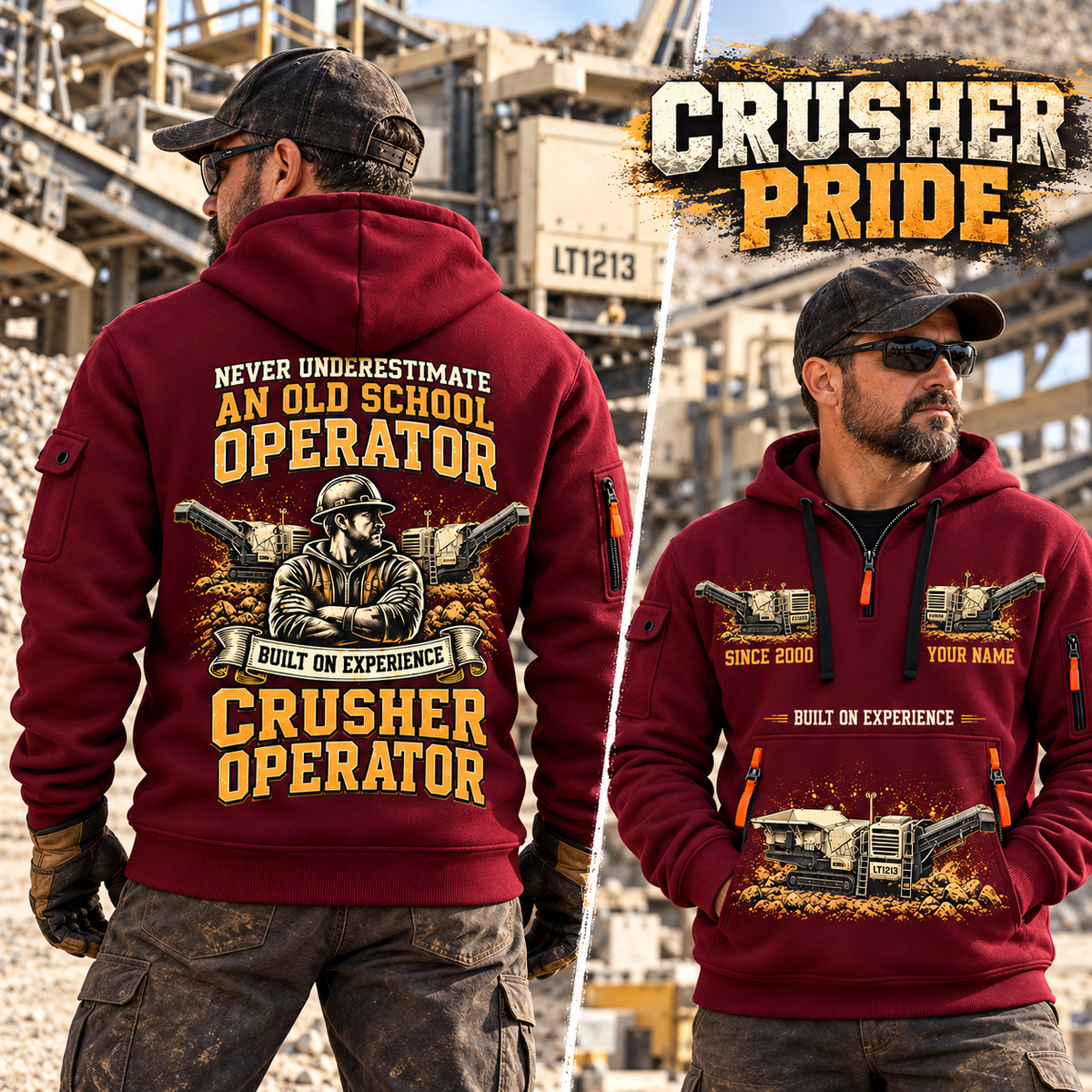 Lokotrack LT1213 Impact Crusher Operator quarter zip hoodie in Wine Red, adult lifestyle portrait showing front and back artwork