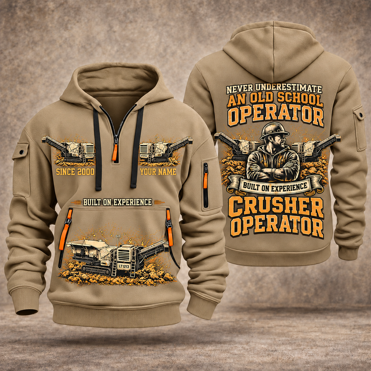Lokotrack LT1213 Impact Crusher Operator quarter zip hoodie in Khaki, front and back views, sample YOUR NAME and SINCE 2000 artwork