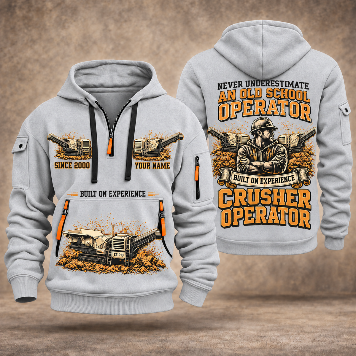 Lokotrack LT1213 Impact Crusher Operator quarter zip hoodie in Light Grey, front and back views, sample YOUR NAME and SINCE 2000 artwork