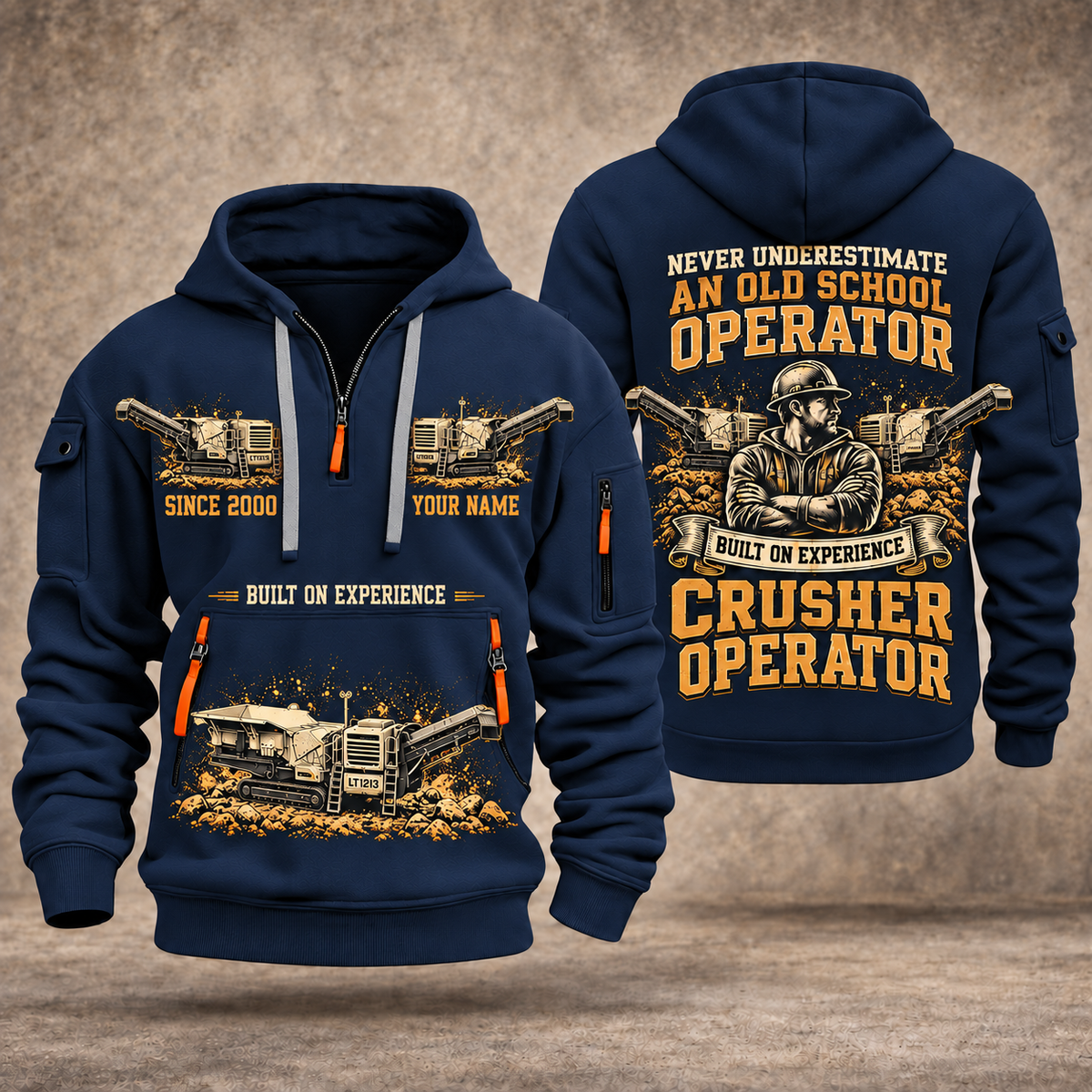 Lokotrack LT1213 Impact Crusher Operator quarter zip hoodie in Navy, front and back views, sample YOUR NAME and SINCE 2000 artwork