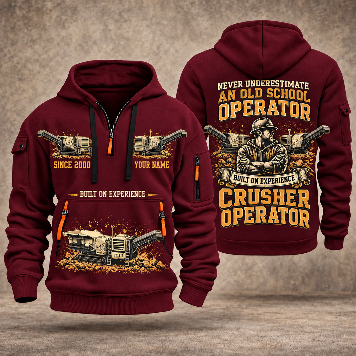 Lokotrack LT1213 Impact Crusher Operator quarter zip hoodie in Wine Red, front and back views, sample YOUR NAME and SINCE 2000 artwork