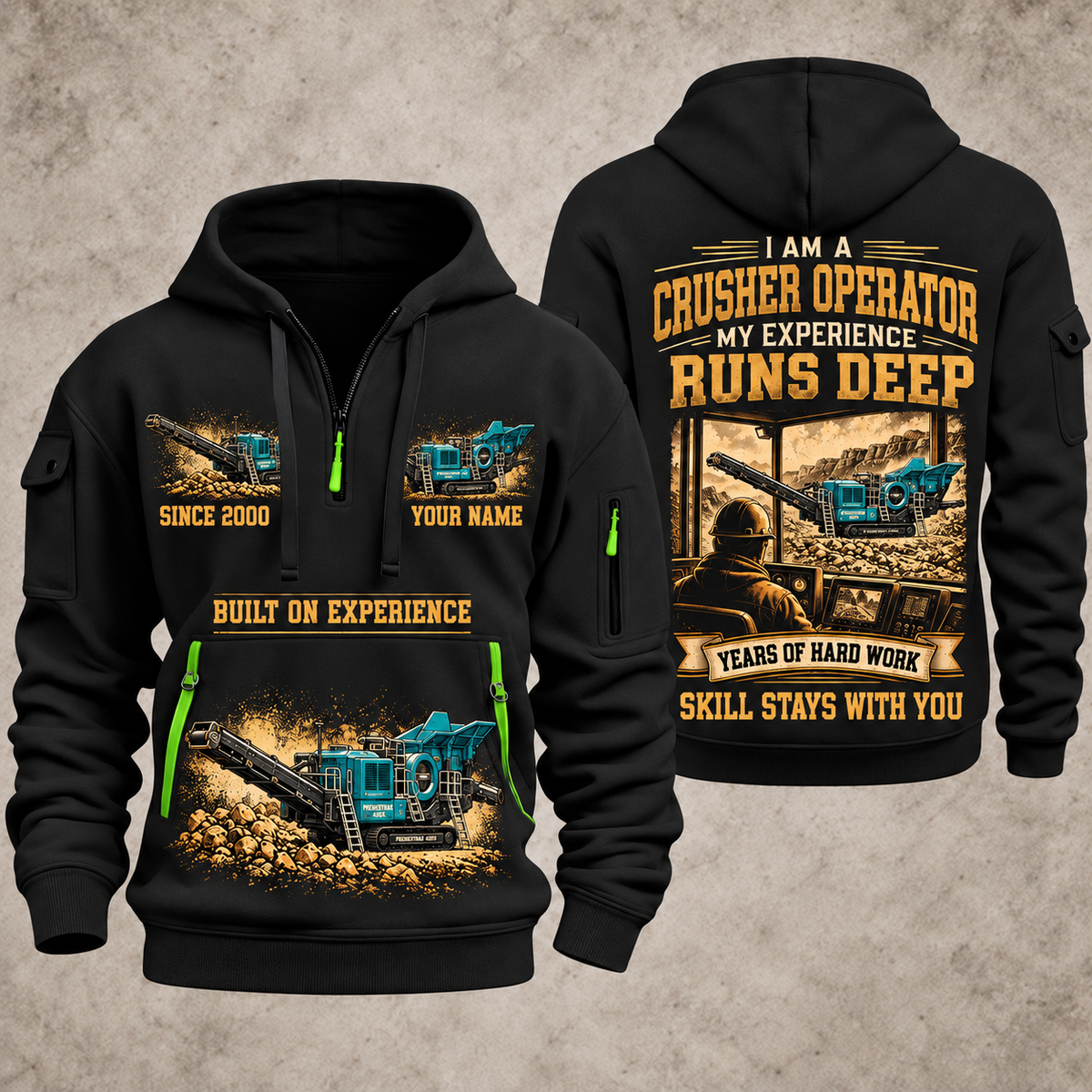 Premiertrak 400X Jaw Crusher Operator quarter zip hoodie in Black, front and back views, sample YOUR NAME and SINCE 2000 artwork
