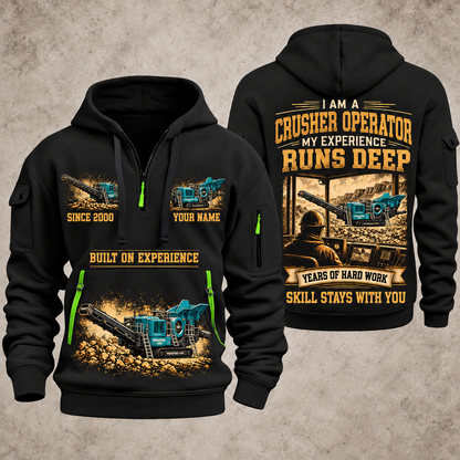 Premiertrak 400X Jaw Crusher Operator quarter zip hoodie in Black, front and back views, sample YOUR NAME and SINCE 2000 artwork