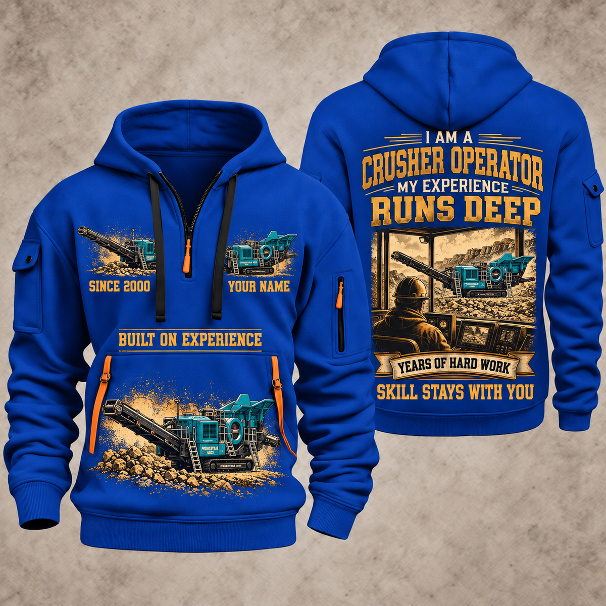 Premiertrak 400X Jaw Crusher Operator quarter zip hoodie in Blue, front and back views, sample YOUR NAME and SINCE 2000 artwork