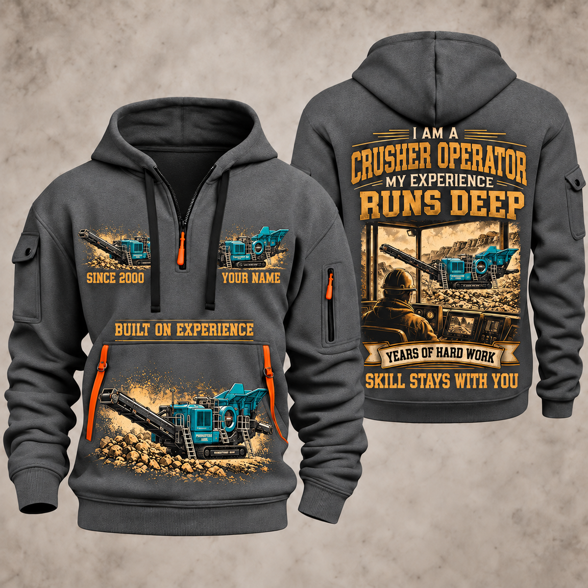 Premiertrak 400X Jaw Crusher Operator quarter zip hoodie in Gray, front and back views, sample YOUR NAME and SINCE 2000 artwork