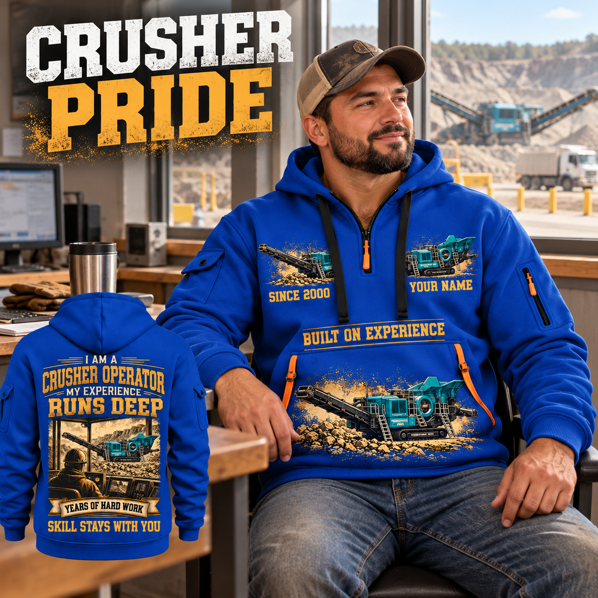 Premiertrak 400X Jaw Crusher Operator quarter zip hoodie in Blue, adult lifestyle portrait showing front and back artwork