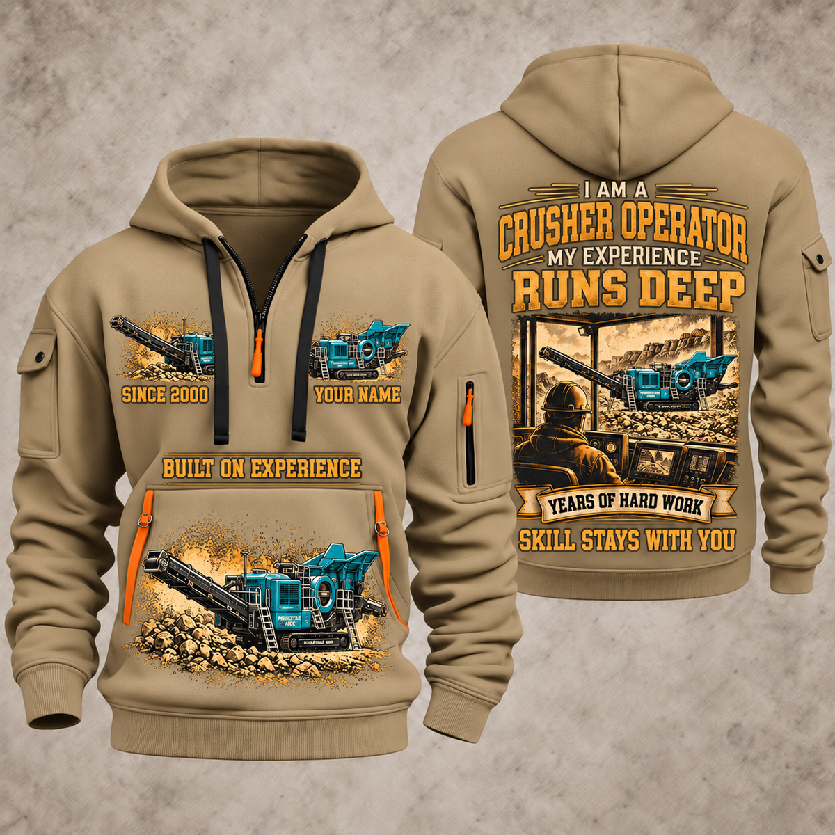 Premiertrak 400X Jaw Crusher Operator quarter zip hoodie in Khaki, front and back views, sample YOUR NAME and SINCE 2000 artwork