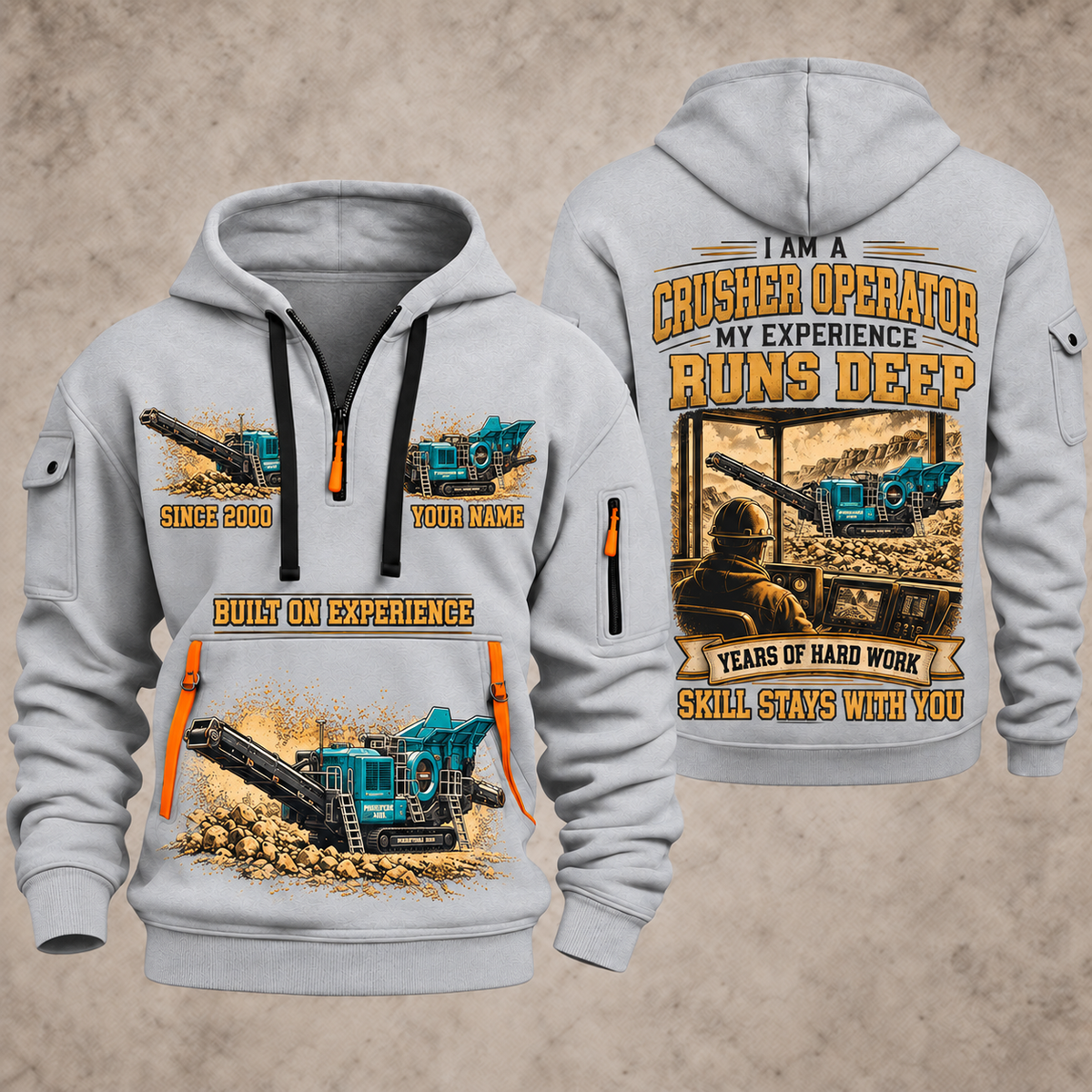 Premiertrak 400X Jaw Crusher Operator quarter zip hoodie in Light Grey, front and back views, sample YOUR NAME and SINCE 2000 artwork