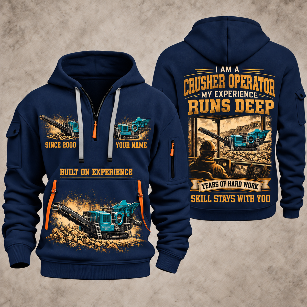 Premiertrak 400X Jaw Crusher Operator quarter zip hoodie in Navy, front and back views, sample YOUR NAME and SINCE 2000 artwork