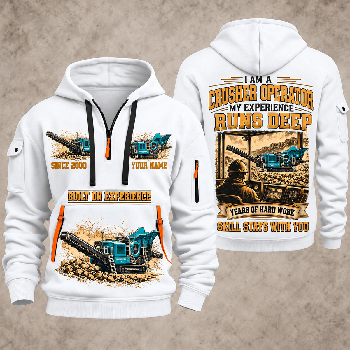 Premiertrak 400X Jaw Crusher Operator quarter zip hoodie in White, front and back views, sample YOUR NAME and SINCE 2000 artwork