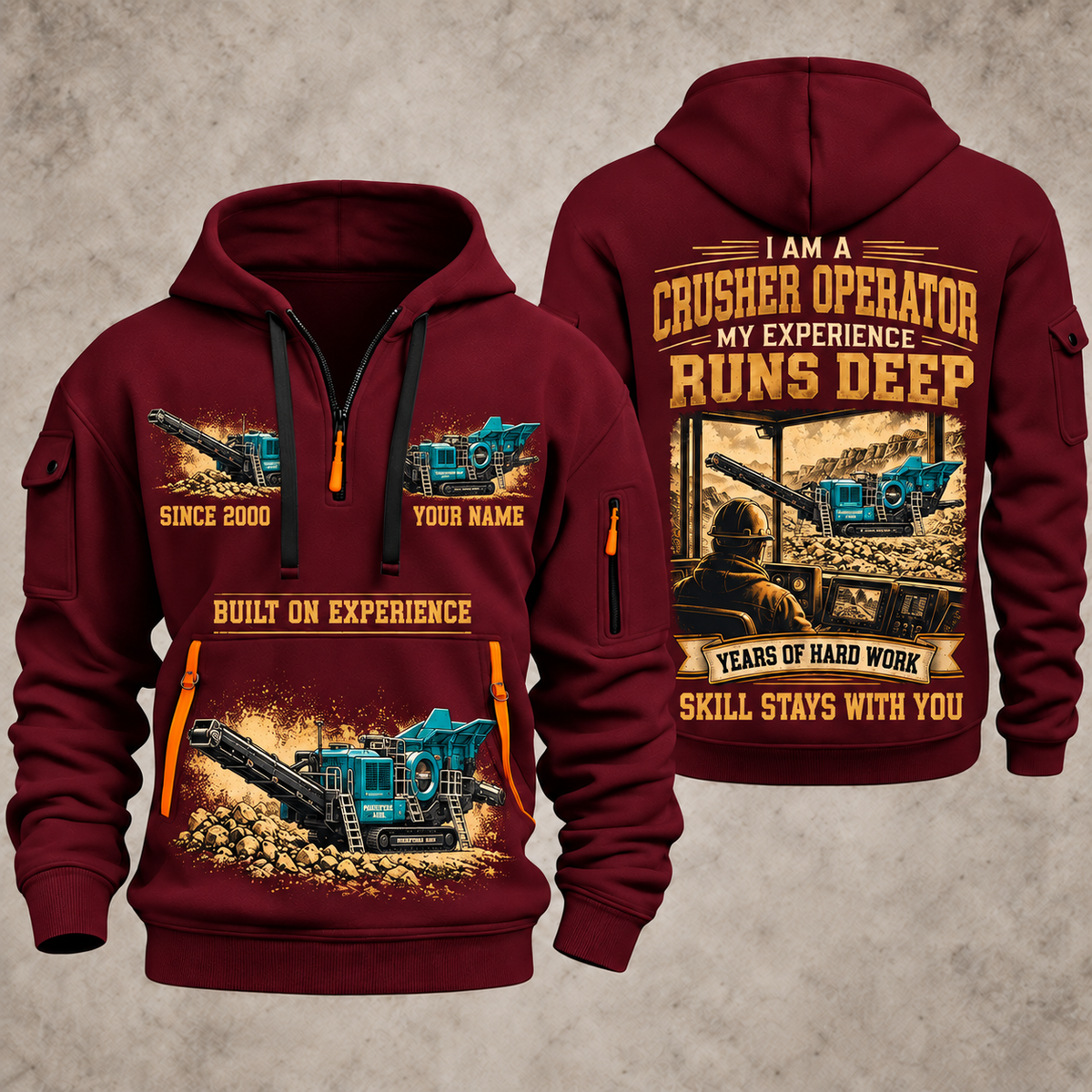 Premiertrak 400X Jaw Crusher Operator quarter zip hoodie in Wine Red, front and back views, sample YOUR NAME and SINCE 2000 artwork