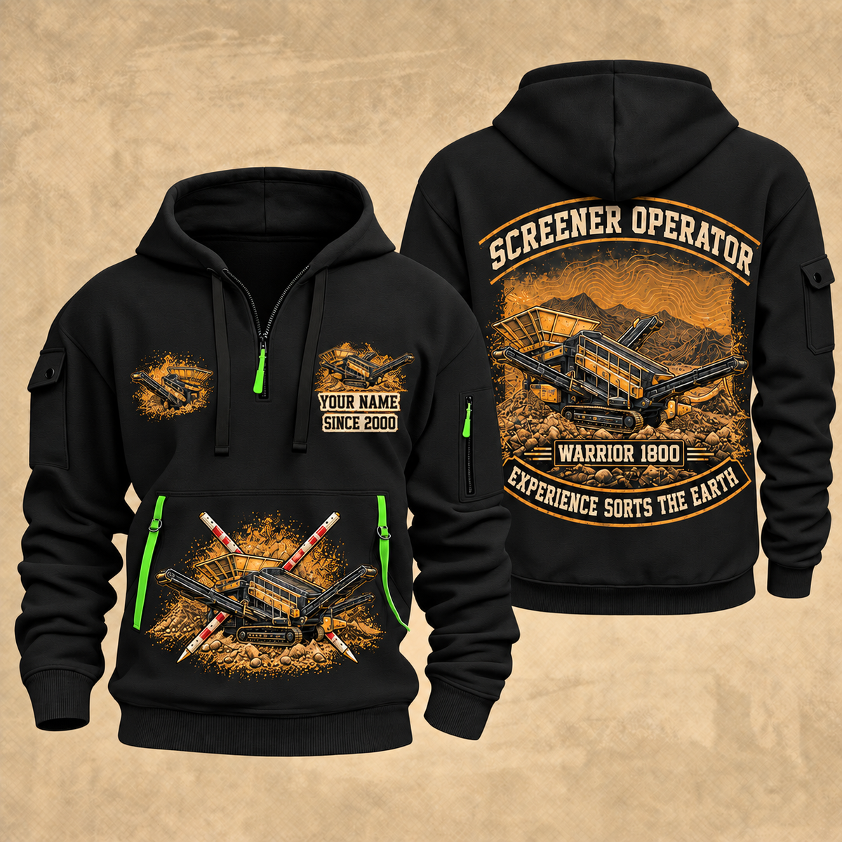 Warrior 1800 Screener Operator quarter zip hoodie in Black, front and back views, sample YOUR NAME and SINCE 2000 artwork