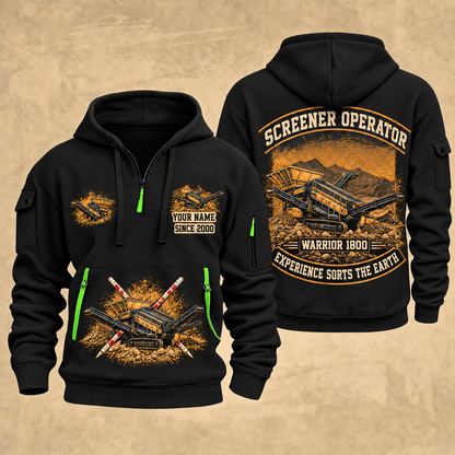 Warrior 1800 Screener Operator quarter zip hoodie in Black, front and back views, sample YOUR NAME and SINCE 2000 artwork