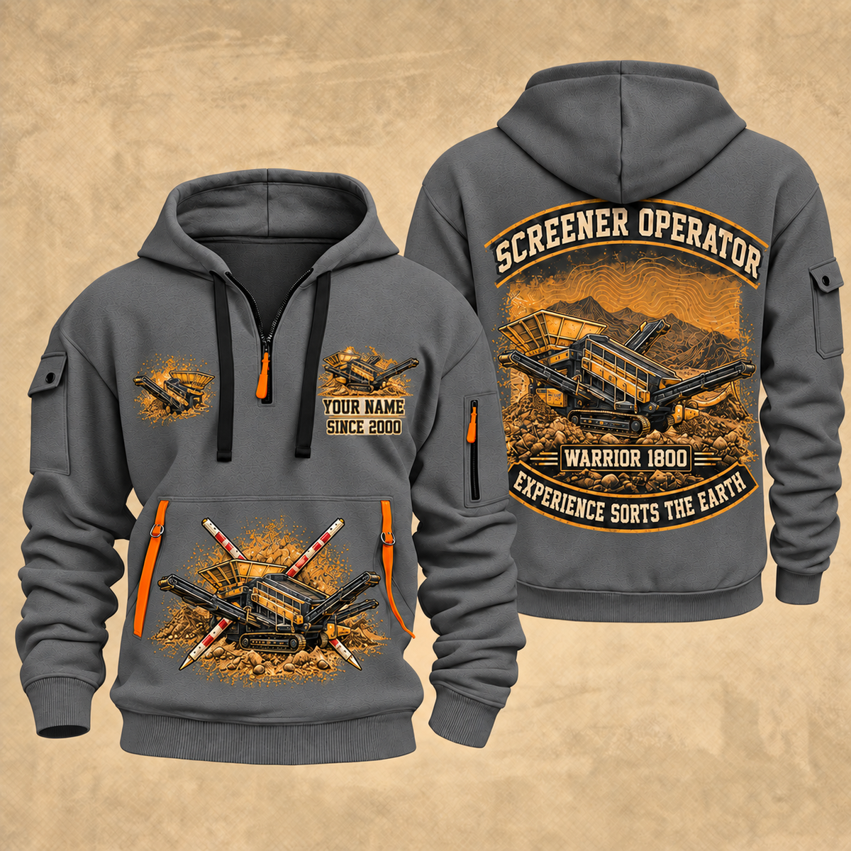 Warrior 1800 Screener Operator quarter zip hoodie in Gray, front and back views, sample YOUR NAME and SINCE 2000 artwork