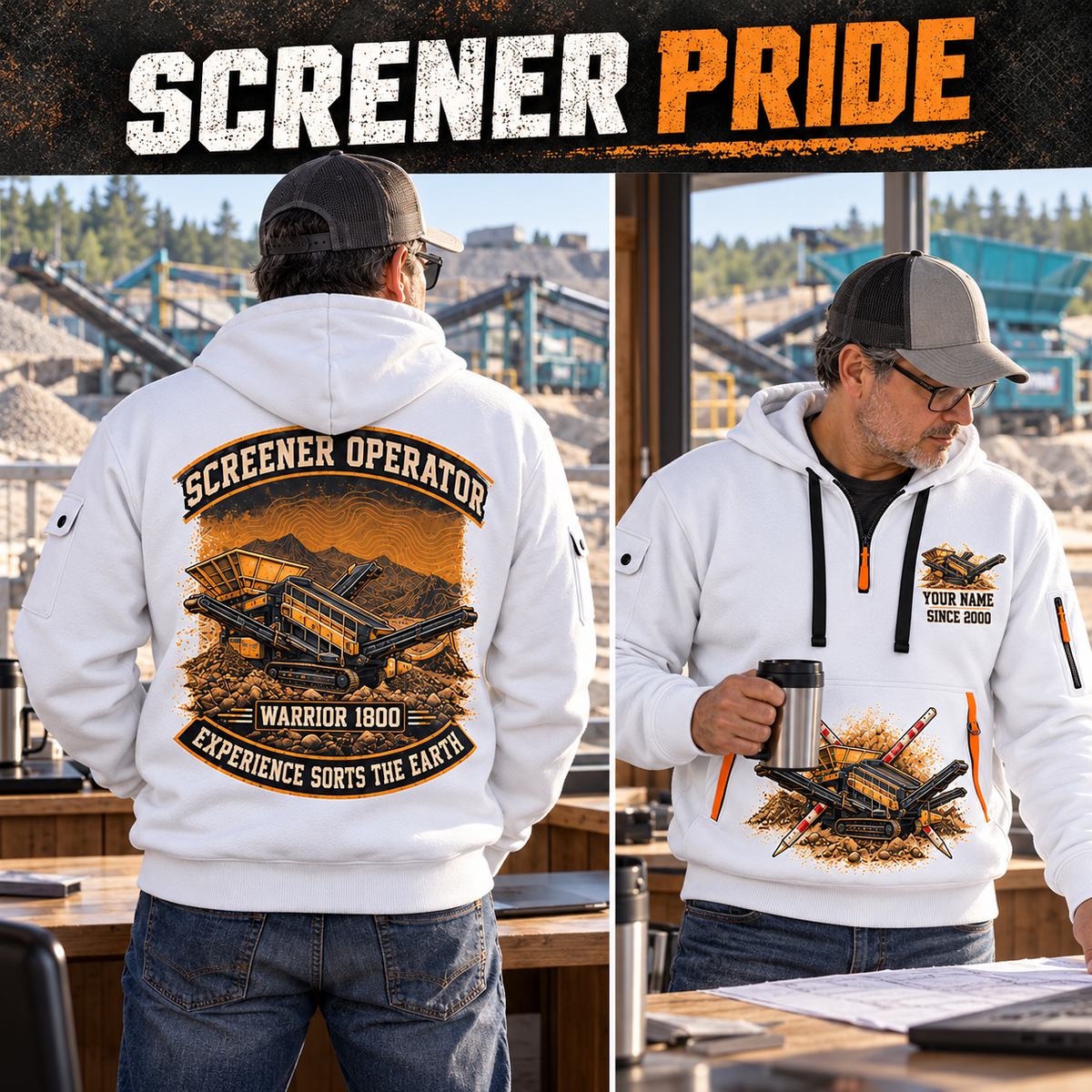 Warrior 1800 Screener Operator quarter zip hoodie in White, adult lifestyle portrait showing front and back artwork