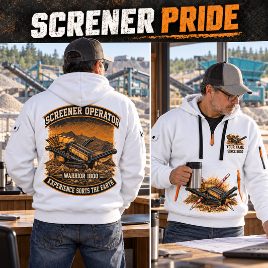 Warrior 1800 Screener Operator quarter zip hoodie in White, adult lifestyle portrait showing front and back artwork