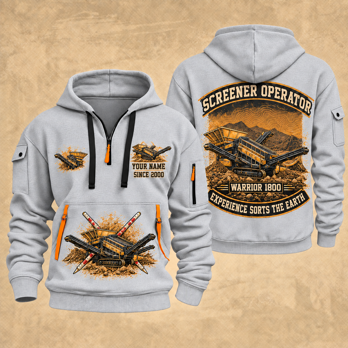 Warrior 1800 Screener Operator quarter zip hoodie in Light Grey, front and back views, sample YOUR NAME and SINCE 2000 artwork