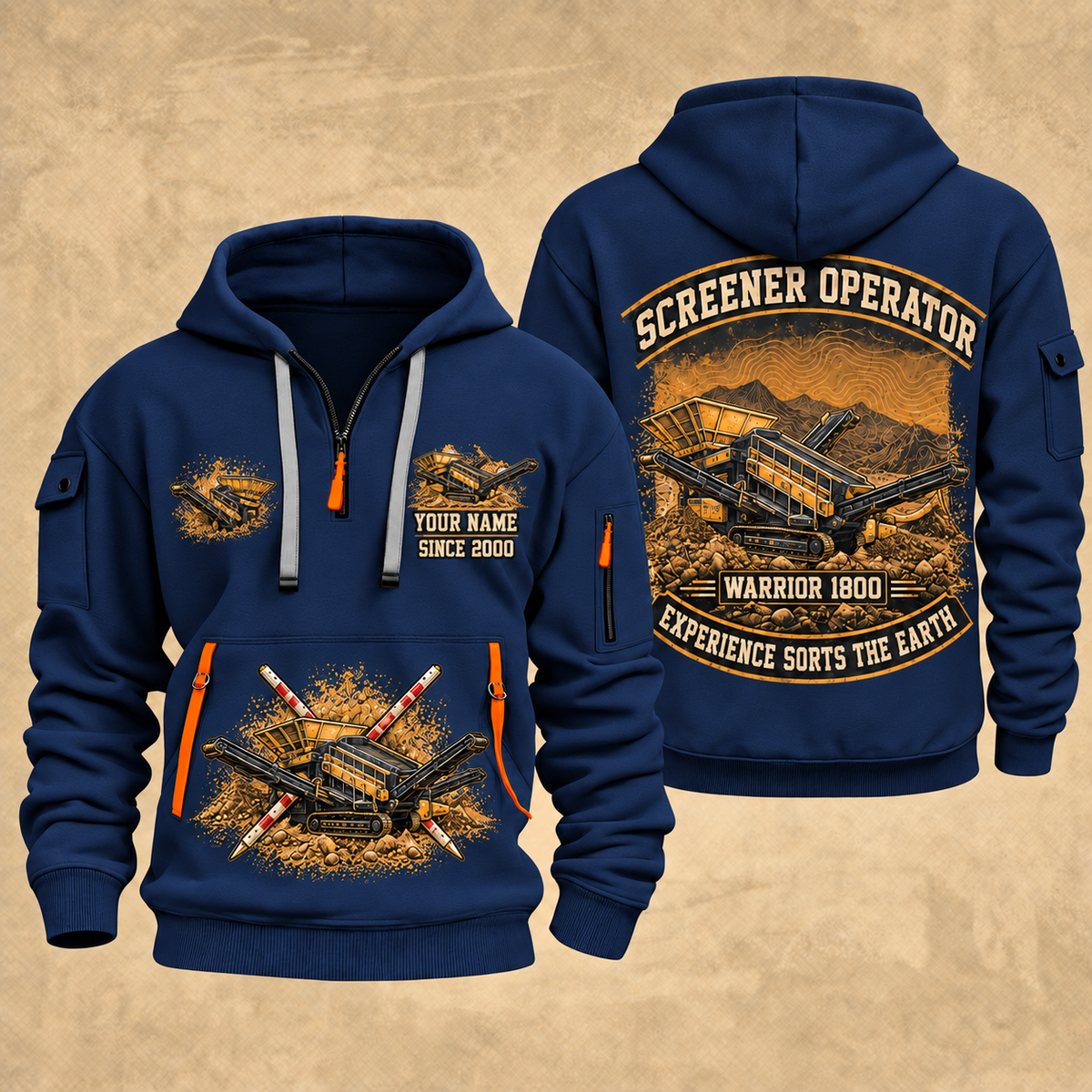 Warrior 1800 Screener Operator quarter zip hoodie in Navy, front and back views, sample YOUR NAME and SINCE 2000 artwork