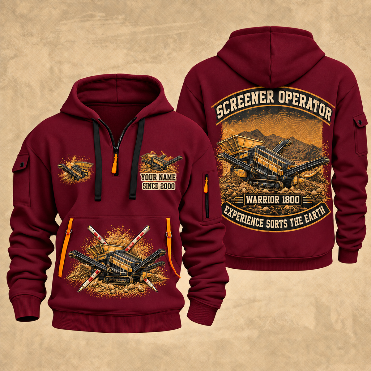 Warrior 1800 Screener Operator quarter zip hoodie in Wine Red, front and back views, sample YOUR NAME and SINCE 2000 artwork
