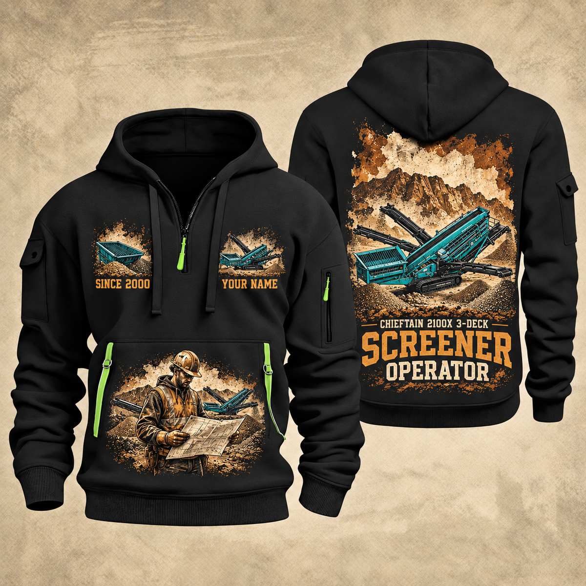 Chieftain 2100X 3-Deck Screener Operator quarter zip hoodie in Black, front and back views, sample YOUR NAME and SINCE 2000 artwork
