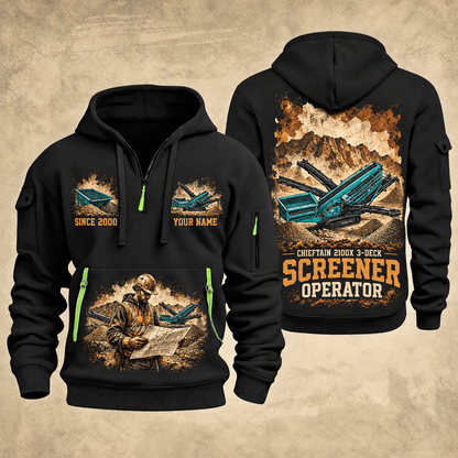Chieftain 2100X 3-Deck Screener Operator quarter zip hoodie in Black, front and back views, sample YOUR NAME and SINCE 2000 artwork