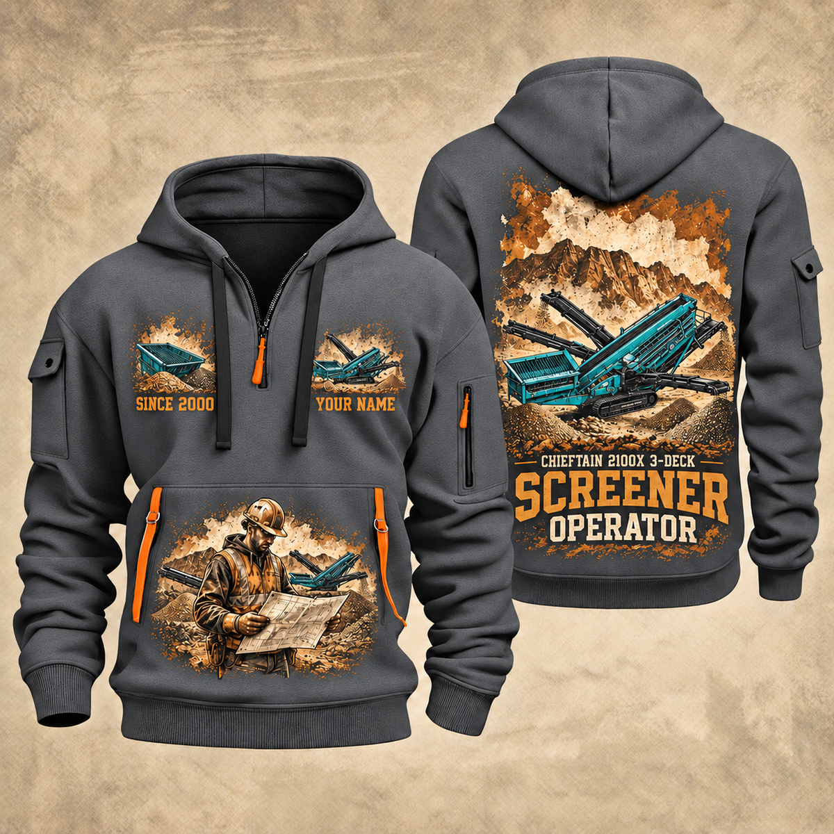 Chieftain 2100X 3-Deck Screener Operator quarter zip hoodie in Gray, front and back views, sample YOUR NAME and SINCE 2000 artwork
