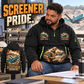 Chieftain 2100X 3-Deck Screener Operator quarter zip hoodie in Black, adult lifestyle portrait showing front and back artwork