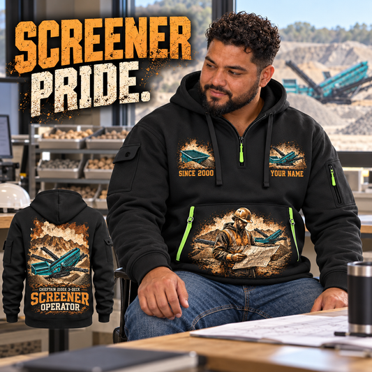 Chieftain 2100X 3-Deck Screener Operator quarter zip hoodie in Black, adult lifestyle portrait showing front and back artwork