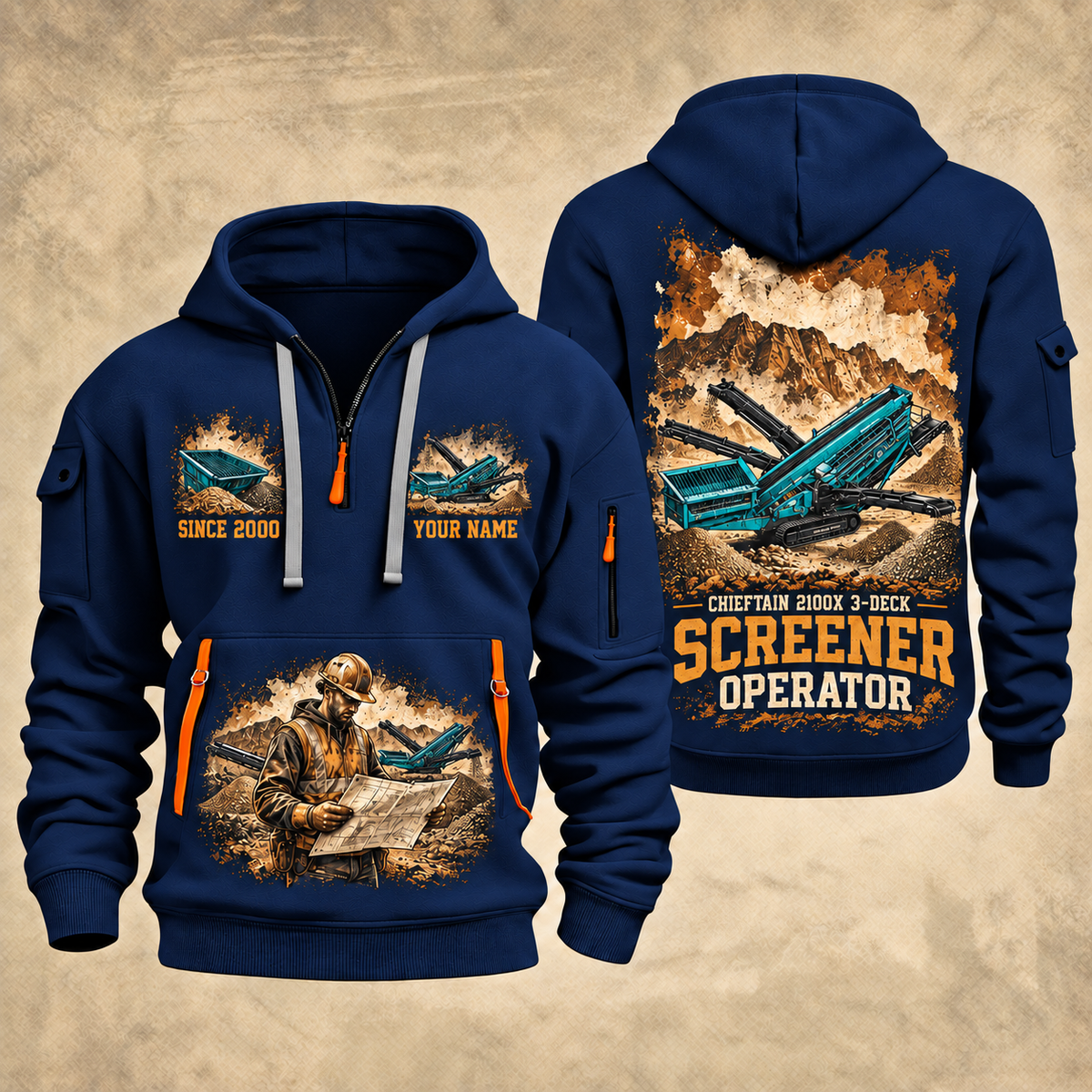 Chieftain 2100X 3-Deck Screener Operator quarter zip hoodie in Navy, front and back views, sample YOUR NAME and SINCE 2000 artwork