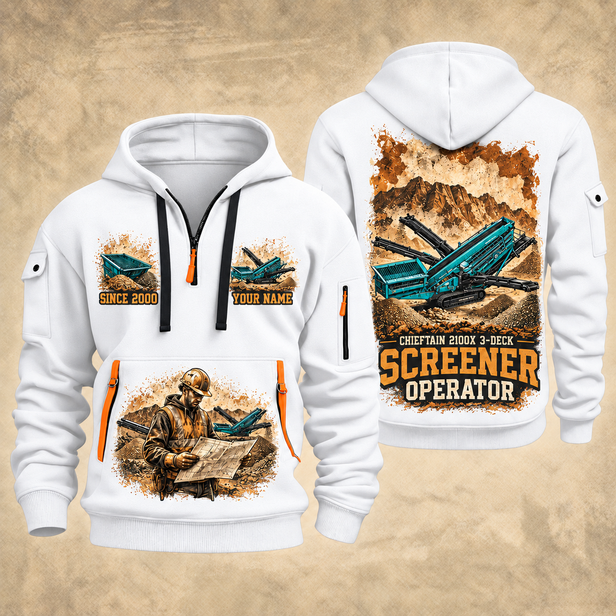 Chieftain 2100X 3-Deck Screener Operator quarter zip hoodie in White, front and back views, sample YOUR NAME and SINCE 2000 artwork