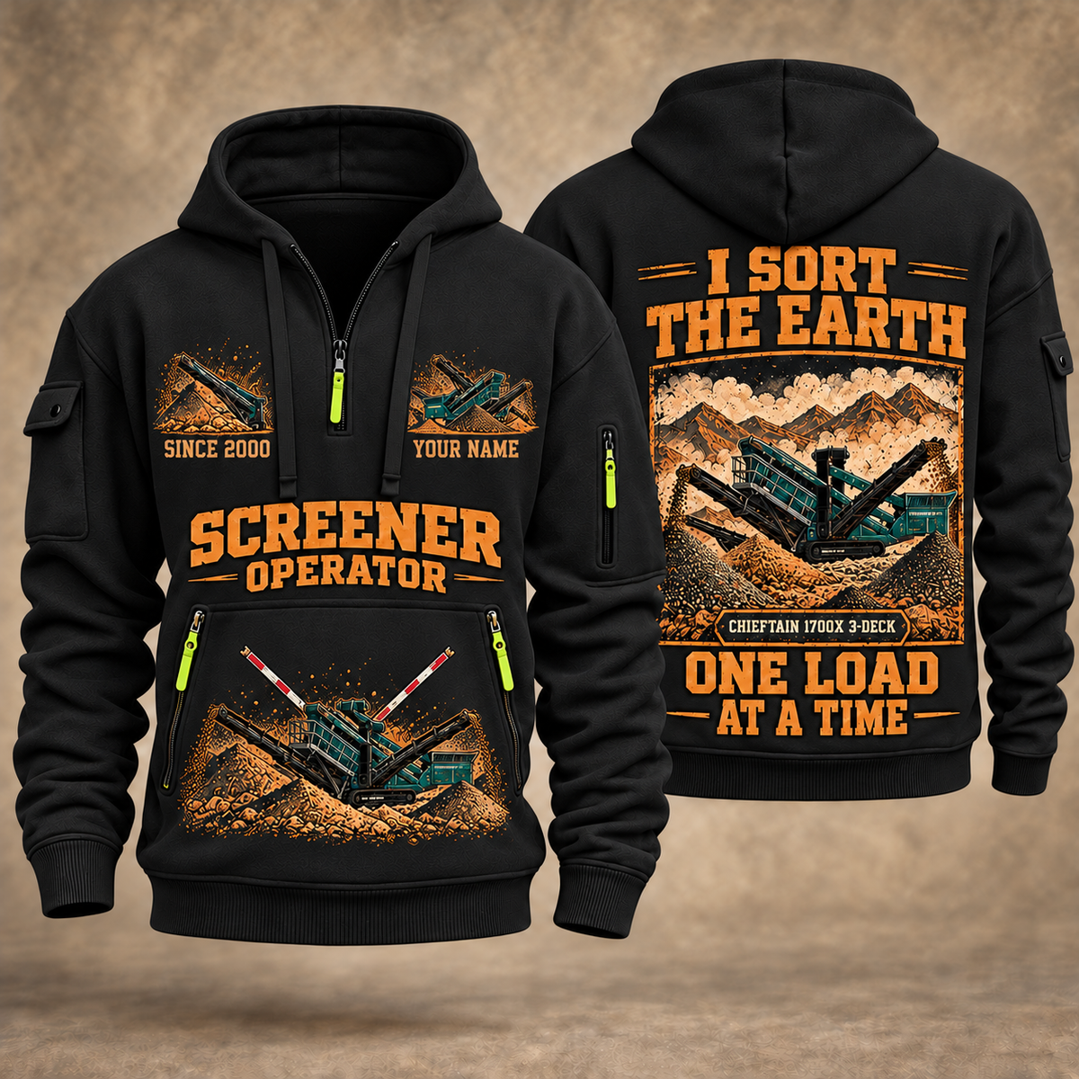 Chieftain 1700X 3-Deck Screener Operator quarter zip hoodie in Black, front and back views, sample YOUR NAME and SINCE 2000 artwork